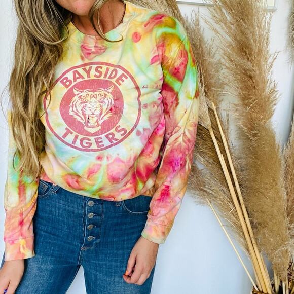 VINTAGE Yellow Pink Green Rainbow Tie Dye Crew Neck Pullover Sweater Sweatshirt - Picture 1 of 7